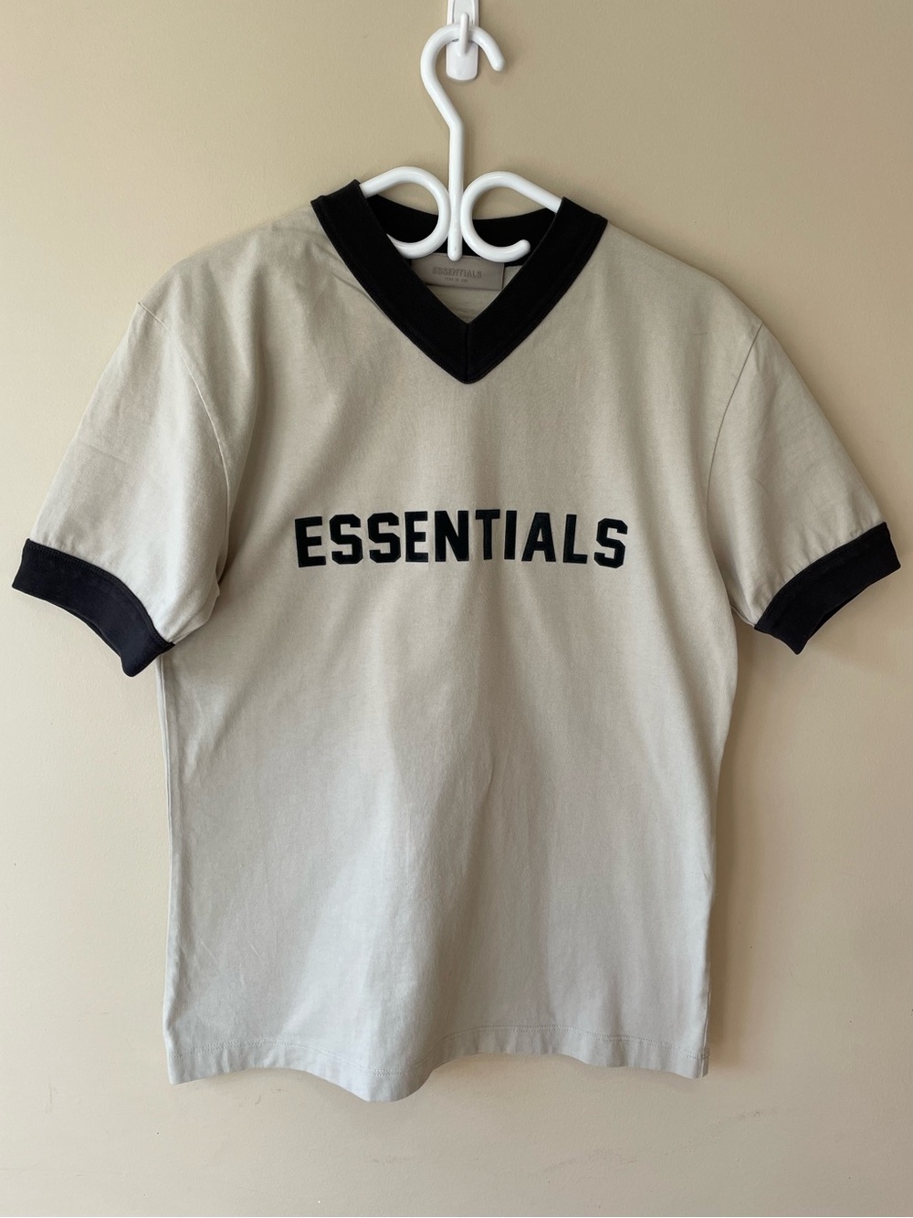 Essentials V-Neck Tee in Cream with Black Trim